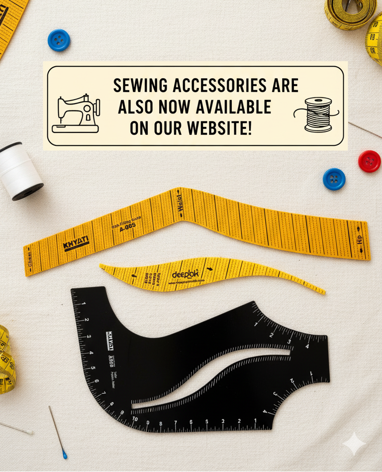 Sewing accessories including measuring tapes and a ruler on a white background with promotional text.