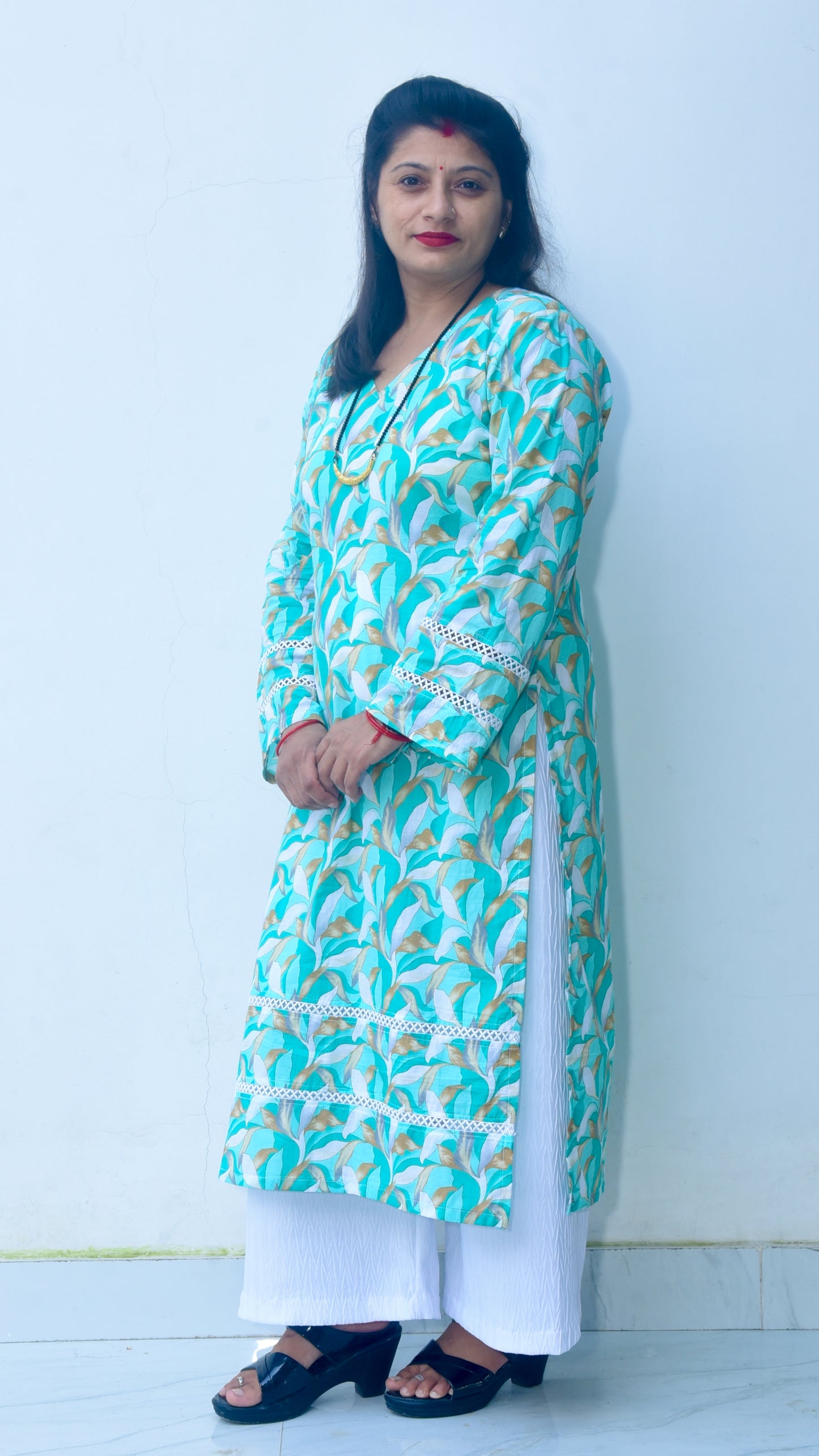 Blue-green Pakistani kurti with traditional print design with Lace work - NS by Nihal Sheetal