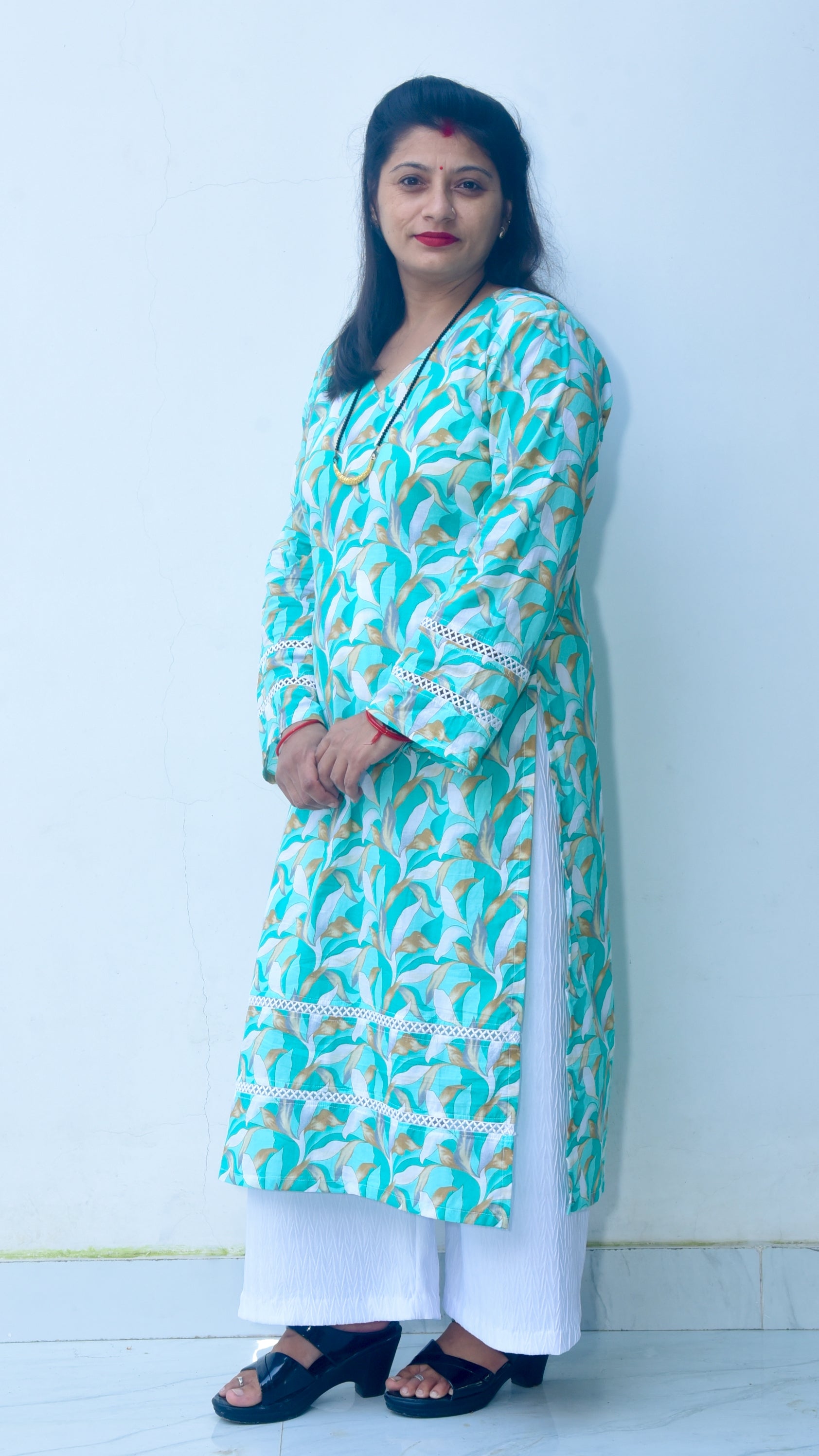 Blue-green Pakistani kurti with traditional print design with Lace work - NS by Nihal Sheetal