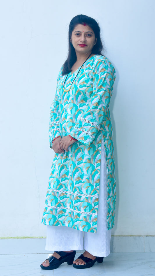 Blue-green Pakistani kurti with traditional print design with Lace work - NS by Nihal Sheetal