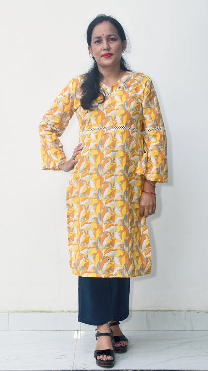 Yellow Pakistani kurti with floral print and Lace Work for women - NS by Nihal Sheetal